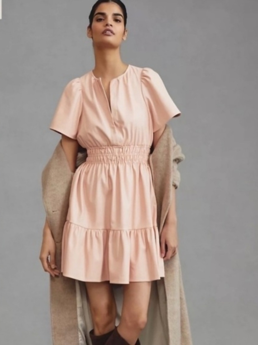 Anthropologie Faux Leather Mini Dress Blush Pink Size M Short Sleeve Ruffle Hem - Picture 2 of 12